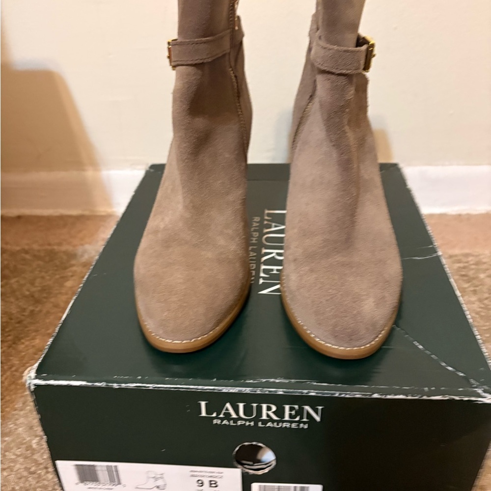 Ralph Lauren Taupe Suede Buckle Ankle Booties